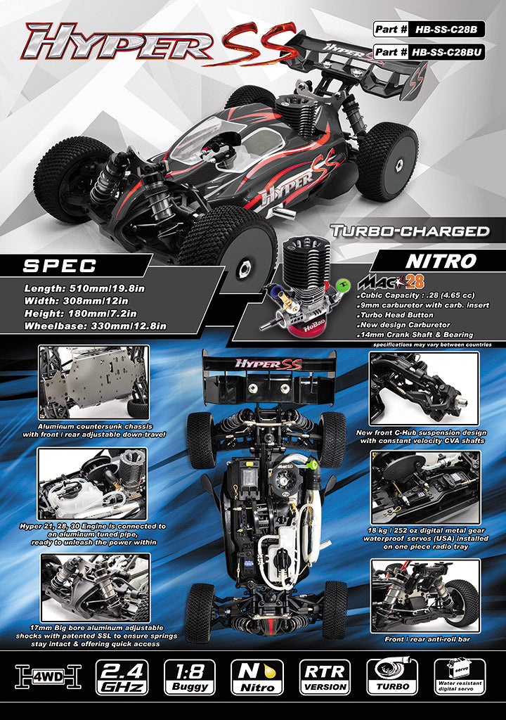 HoBao HYPER SS RTR 1/8 BUGGY NITRO W/28 TURBO ENGINE (BLUE BODY)  [HB-SS-C28BU]